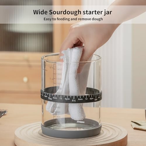 Sourdough Starter Jar,50oz Wide-Mouth with Non-slip silicone rubber Bottom Sourdough Starter Kit,Date Marked Feeding Band, Thermometer, Cloth Cover & Bamboo Lid, Reusable Sourdough Bread Baking