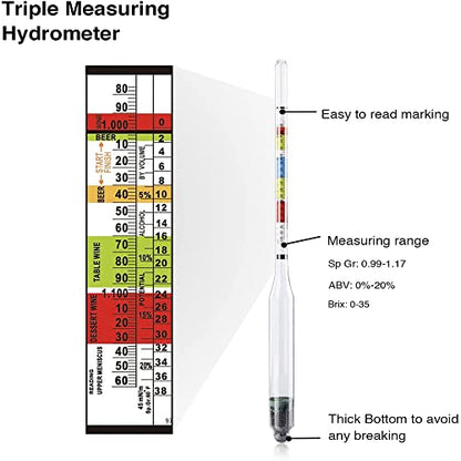 Wine Beer Alcohol Hydrometer Triple Scale Wine Meter with Glass Test Jar for Home Brewing Beer Wine Mead & Kombucha Maker for ABV, Brix and Gravity Test Kit with Wood Storage Box