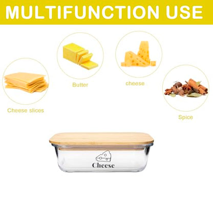 Cheese Container for Refrigerator,Glass cheese slice holder with Wooden Lid&Cheeses Cutter,Lunch Deli Meat Containers for Fridge,BPA-Free Shredded Cream Block Cheeses Storage Box keeper