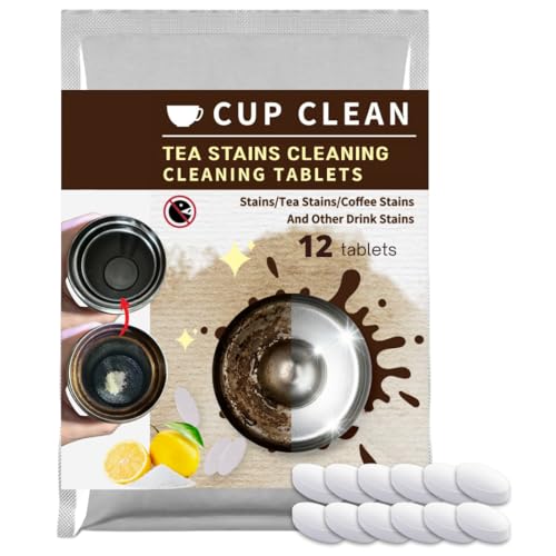Coffee Tumbler Cleaner & Tea Stain Remover - Cleaning Tablets for Stainless Steel Thermos, Travel Mugs, Water Bottles & Glass - Deep Clean (12 Count)