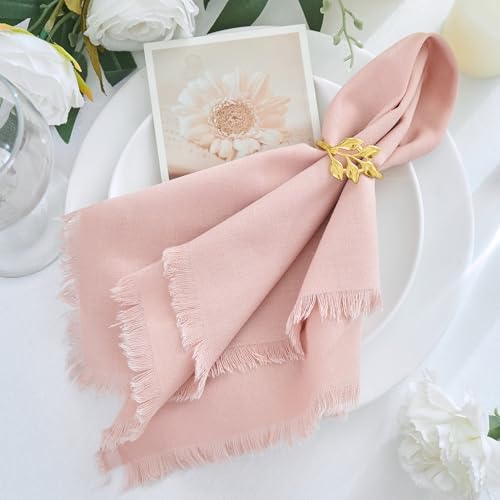 Handmade Cotton Linen Napkins Cloth with Fringes Set of 4 17"x17" Dusty Pink Boho Dinner Table Napkins Bulk for Wedding Party Bridal Baby Shower Decoration - color: Dusty Pink