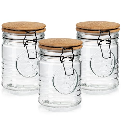kitchentoolz Glass Storage Jars with Airtight Lids - Set of 3 Mason Storage Containers for Cereal, Coffee & Rice - 23 Ounce Pantry Organizing Canister Set