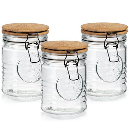 kitchentoolz Glass Storage Jars with Airtight Lids - Set of 3 Mason Storage Containers for Cereal, Coffee & Rice - 23 Ounce Pantry Organizing Canister Set
