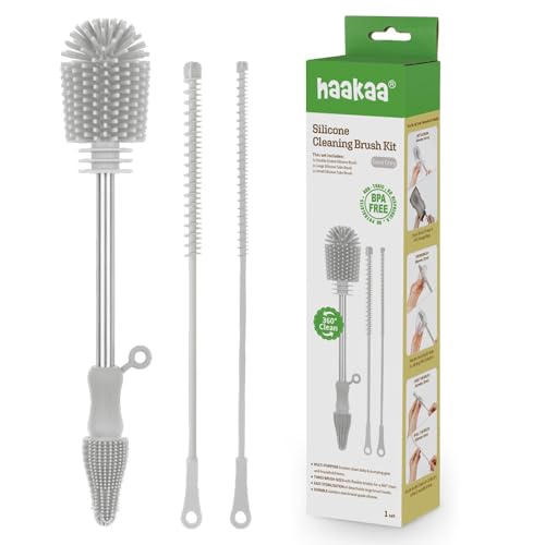 Haakaa Silicone Cleaning Brush Kit – Household Cleaning Brushes for Bottles and Crevices – Food-Grade Silicone: Dishwasher Safe (Kit-Grey) - color: Kit-grey
