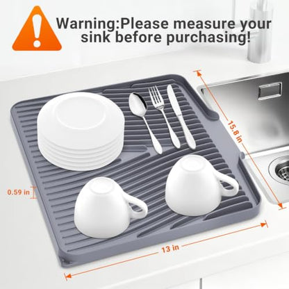 Silicone Dish Drying Mat for Kitchen counter, 15.8"x13" 2Pcs Extra Large Non-Slip Drain Pad with Built-in Drainage, Heat Resistant Dishwasher Safe, Grey - color: Grey-2pcs, size: 15.8" x 13"