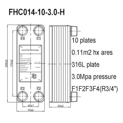 Female Thread Plate Wort Chiller Version 10 Plates Brazed Plate Heat Exchanger, 0.11m2 Heat Transfer Areas, Stainless Steel Heat Exchanger with R3/4" Fitting