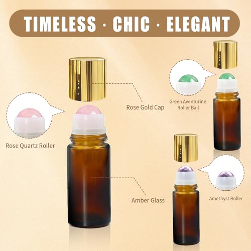 3 Pack Rose Quartz & Amethyst & Green Aventurine Roller Bottles for Oils, 50ml Refillable Amber Glass Roll On Bottles with Natural Crystal Roller, Leak-Proof Travel Perfume Bottle with Gold Caps - size: 3 Pack
