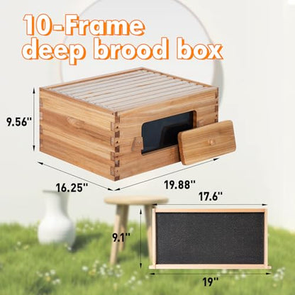 Honey Lake 10 Frame Beehive Deep Brood Box with Window, Langstroth Bee Hive Box Kit Dipped in Beeswax Include Wooden Frames & Waxed Foundations, Bee Boxes for Beekeeping Supplement (Unassembled) - size: 10-Frame