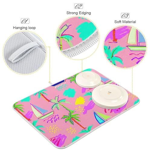 Sailboat Palm Trees Dish Drying Mat for Kitchen Counter Super Absorbent Draining Mat with Non-slip Backed Waterproof Sink Mats for Draining Racks Countertops Sinks Dish Bottles Cups Bowl