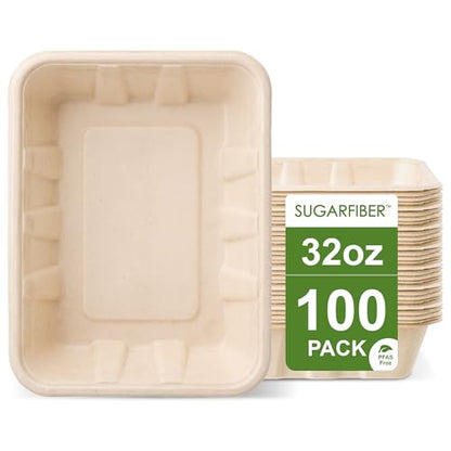 [100 COUNT]Harvest Pack 32 oz Compostable Food Trays, 8.49" x 6.45" x 1.86" Disposable PFAS FREE Food Container, Bagasse Rectangle Paper Plates, Sugarcane Eco-Friendly Plant Fibers, No Lids included