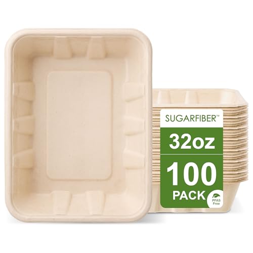 [100 COUNT]Harvest Pack 32 oz Compostable Food Trays, 8.49" x 6.45" x 1.86" Disposable PFAS FREE Food Container, Bagasse Rectangle Paper Plates, Sugarcane Eco-Friendly Plant Fibers, No Lids included