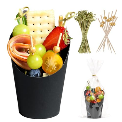 Disposable Charcuterie Cups 120 PCS with 200PCS Sticks and 120PCS Bags | 14 oz Kraft Paper Snack Boxes Appetizers Cup French Fry Holder with Cocktail Skewers Toothpicks Tooth Picks, Black - color: Black, size: 14 Oz 120 Pcs Set