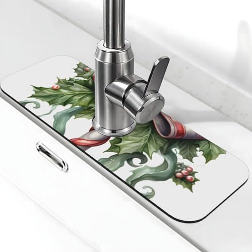 Kitchen Sink Faucet Mat Splash Guard, Christmas Candy Cane Holly Berries Super Absorbent Drying Mat, Non-Slip Drain Pad for Bathroom Counter - color: Candy Cane Holly Berries
