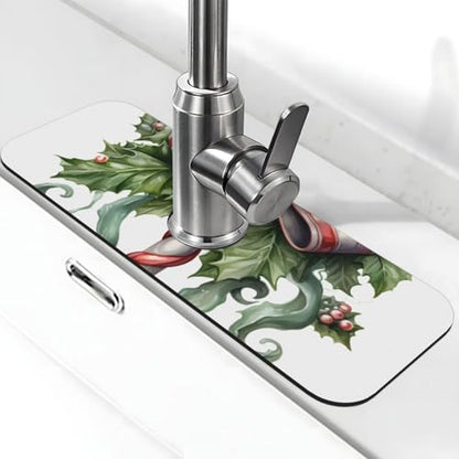 Kitchen Sink Faucet Mat Splash Guard, Christmas Candy Cane Holly Berries Super Absorbent Drying Mat, Non-Slip Drain Pad for Bathroom Counter - color: Candy Cane Holly Berries