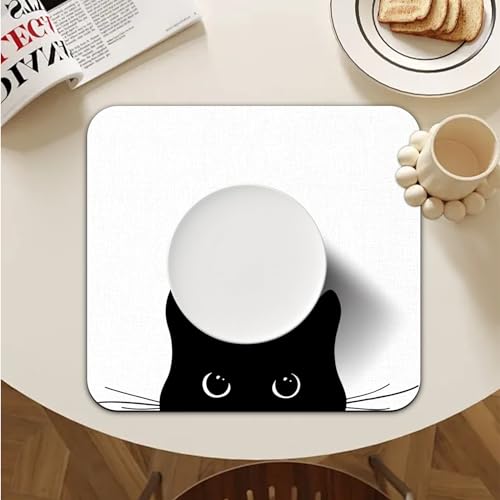 Black Cat Dish Drying Mat - Funny Black Cat Absorbent Dish Drying Mat for Kitchen Counter, Coffee Bar Mat, Coffee Maker Mat for Countertops, 16x17.5 Inch