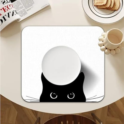 Black Cat Dish Drying Mat - Funny Black Cat Absorbent Dish Drying Mat for Kitchen Counter, Coffee Bar Mat, Coffee Maker Mat for Countertops, 16x17.5 Inch