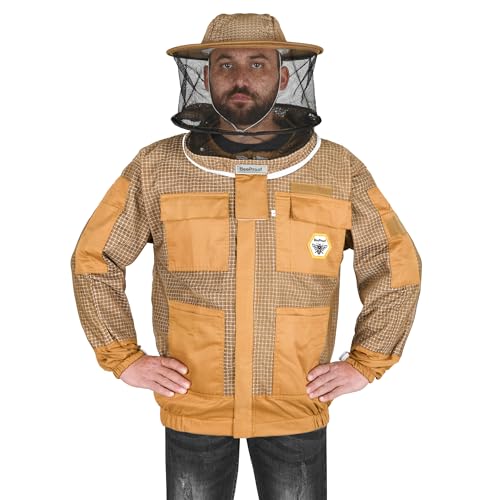 Beekeeping Jacket with Veil 3-Layer Ultra Ventilated 2 Veil Options (Fencing & Round) YKK Zippers Full Protection Suit Carrying Bag (BP-302-Brown)-L - color: Brown 2 Veils, size: L