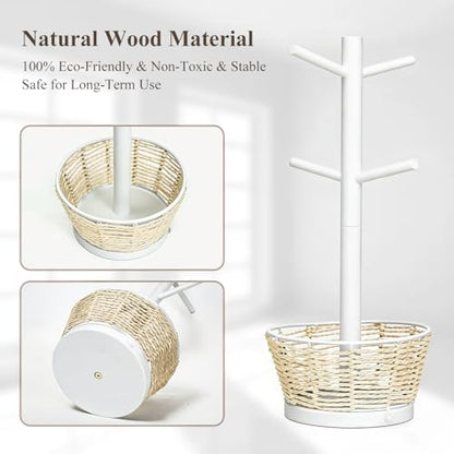 Wood Mug Holder Tree with Woven Basket, 4 Hooks Coffee Mug Holder, Countertop Mug Tree for Kitchen Counter Cabinet Coffee Bar Accessories Cup Display Organizer Hanger(White) - color: White