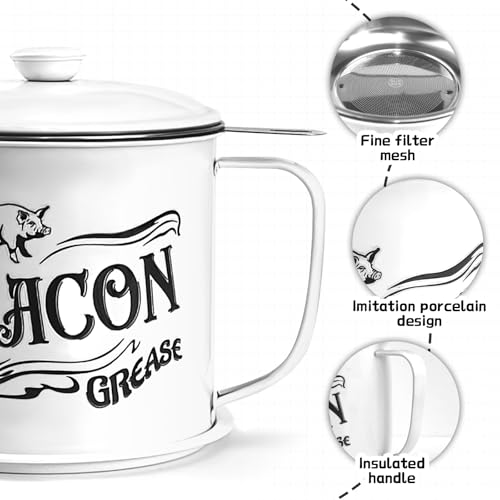 1.3L Bacon Grease Saver Container with Fine Mesh Strainer,Stainless Steel Oil Keeper Can for Bacon,46oz Large Rustic Farmhouse Fat Container, Keeper, Recipes, Dishwasher Safe (White) - color: White