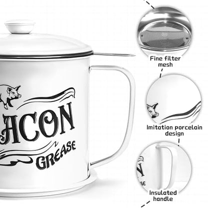 1.3L Bacon Grease Saver Container with Fine Mesh Strainer,Stainless Steel Oil Keeper Can for Bacon,46oz Large Rustic Farmhouse Fat Container, Keeper, Recipes, Dishwasher Safe (White) - color: White