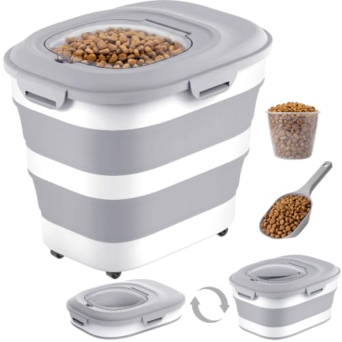 28 Lbs Dog Food Storage Container with Wheels, Collapsible Pet Food Storage Container with Clear Window, Measuring Cup & Scoop, BPA Free Cat Food Container for Rice, Flour, Grain, Bird Seed - color: Grey/28lbs