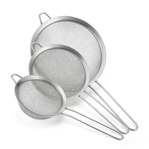 3-Piece Fine Mesh Strainer Set, Stainless Steel Sieves & Colanders for Kitchen - Perfect for Sifting Flour, Rinsing Quinoa & Straining Pasta - Includes 3, 5, and 7 Inch Food Strainers