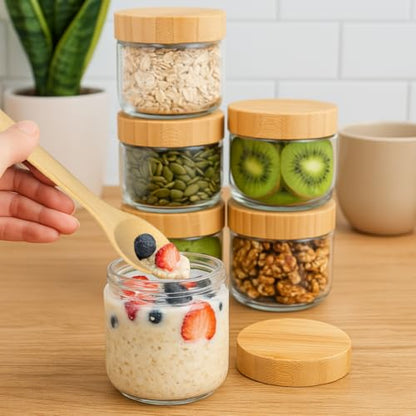 TBWIND 4 Pack 10oz Glass Jars with Bamboo Lids, Spoons, Airtight Overnight Oats Containers, Wide Mouth Mason Jars, Food Storage Container for Yogurt Salad Snacks Spice Sugar Meal Prep – Reusable - color: 10oz-Natural Lids-4 Spoon