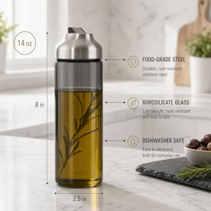 Aelga Olive Oil Dispenser Bottle for Kitchen, 14oz Dark Glass Vinegar Dispenser, Auto Flip Lid, UV-Protected Oil Cruet with Drip-Free Pour Spout - color: Grey, style: 14OZ Set of 1