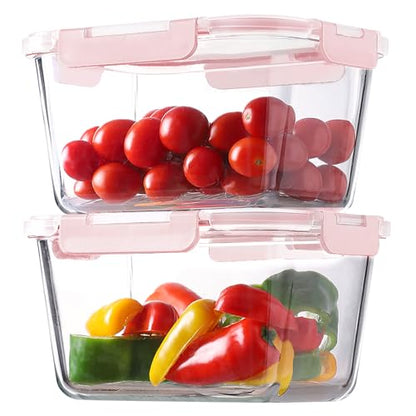 HOMBERKING 4 Pieces 63oz/8cup Large Glass Food Storage Containers with Lids, Meal Prep Containers, Airtight Bento Boxes with Leak Proof Locking (2 Containers + 2 Lids), Microwave, Oven Safe-Pink - color: Pink, size: 2 Sets