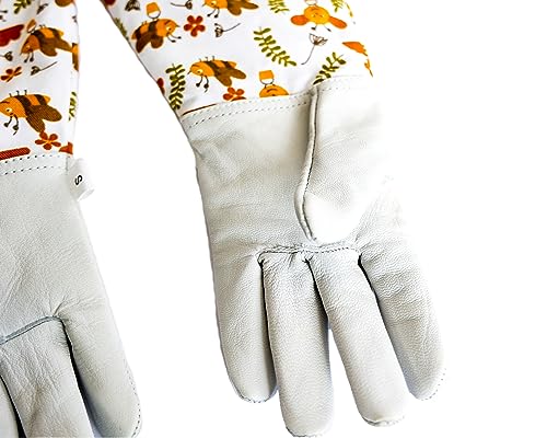 Kids Goatskin Leather Gloves for children Hand- Arm protection With Honey Bee Printed Long Sleeve (Small) - size: Small