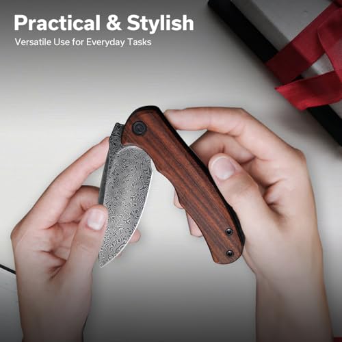 CIVIVI Folding Pocket Knife for EDC, Small Mini Praxis Knife for Men Women, 2.98" Damascus Blade Guibourtia Wood Handle, Sharp Camping Hiking Knives C18026C-DS1 - color: Brown