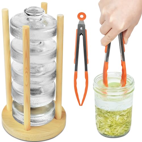 Artcome 5-Pack Glass Fermentation Weights with Easy Grip Handle and Unique Texture Design for Large Wide Mouth Mason Jars - Pickle Pebbles with Glass Weights Organizer - Space Saving Compact Design - size: glass weights 5pc + holder 1pc + tongs x 1pc
