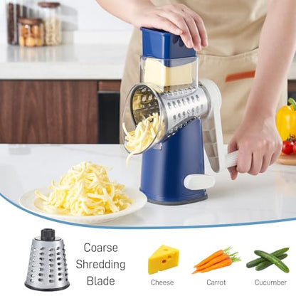 VEKAYA Rotary Cheese Grater Hand Crank with 4 Interchangeable Stainless Steel Blades, Large Manual Handle Shredder and Waffle Slicer for Vegetables, Cheese and Nuts with Table Suction Base(Blue) - color: Blue