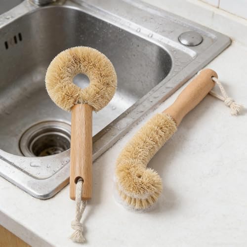 Cactus Bottle Brush Set, 2PCS-Eco-Friendly with Natural Wood Handle & Cactus Fiber Bristles for Deep Cleaning Bottles, Pans, and Kitchen Dishes