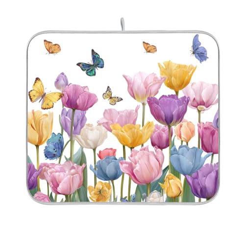 Light Pink Tulips Butterfly Dish Drying Mat for Kitchen Counter Drainer Rack Mats for Dishes Washable Absorbent Draining Heat Resistant Pad for Countertop 16 x 18 - color: Light Pink Tulips Butterfly, size: 16'' x 18''