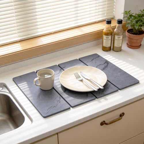 2 PCS Large Stone Dish Drying Mat for Kitchen Counter Diatomaceous Earth Quick Dry Foldable Dish Drying Pad with Anti Slip Mesh Mats(16x24in 4x8in grey)