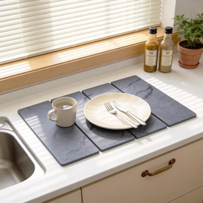 2 PCS Large Stone Dish Drying Mat for Kitchen Counter Diatomaceous Earth Quick Dry Foldable Dish Drying Pad with Anti Slip Mesh Mats(16x24in 4x8in grey)