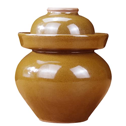 Yellow Ceramic Fermentation Jar with Water Seal Lid, 9L Large Capacity Pickling Crock for Kimchi Sauerkraut, Airtight Food Storage Container for Kitchen Preservation