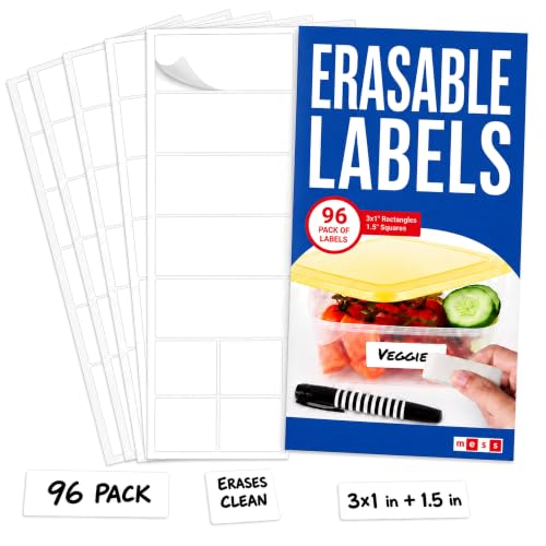 MESS Erasable Kitchen Labels, 96-Pack (1x3 & 1.5") - Reusable Labels for Food Containers - White Dry Erase Stickers for Pantry, Jars, Food Containers, Fridge & Freezer - size: 1x3" & 1.5", style: White