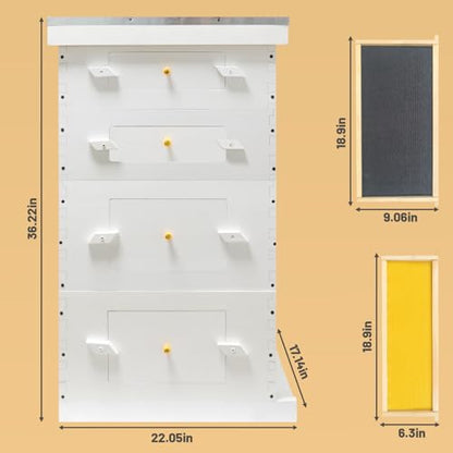 Painted Beehive with Windows Langstroth 10 Frame – 4-Layer Bee Hive Includes 20 Medium & 20 Deep Frames with Wax Foundations (2 Deep & 2 Medium Super Bee Box)