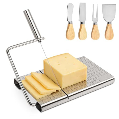 RedCall Cheese Slicer with 4 Piece Cheese Knives Set, Stainless Steel Cheese Cutter with Measuring Grids,Tightness Adjustable Wire Cheese Slicer for Block Cheese, with 5 Extra Wires