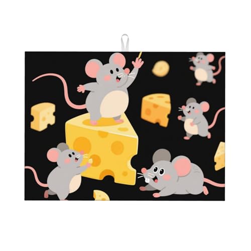 Dish Drying Mat for Kitchen Counter, 18" x 24" Microfiber Dishes Drainer Mats Super Absorbent Kitchen Drying Mat Cute Mouse cheese Dish Rack Pad for Utensils, Countertops, Sinks