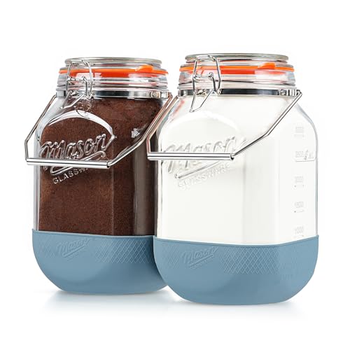 2 Pack Square 1 Gallon Glass Jar with Airtight Lid, Large Mason Jars Wide Mouth 128 Oz with Scale Marks & Handle, Glass Storage Containers with Anti-slip Base for Kitchen, Pantry, Laundry Room, Flour