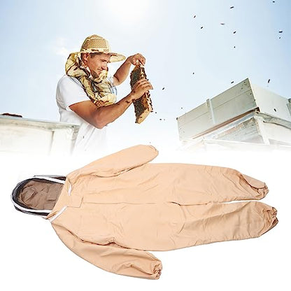 Beekeeping Suit Canvas Full Body Beekeeper Outfit with Gloves for Men Women Apiary Protective Clothing, Light Coffee