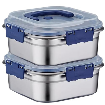 2PCS Stainless Steel Containers with Lids, 1.8L Airtight Marinade Container with Handle & Buckle Oven Safe for Roasting, Brining, Meal Prep, Storing
