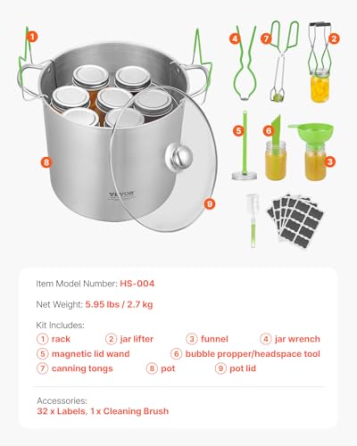 VEVOR Canning Supplies Starter Kit, 9 Pieces Stainless Steel Water Bath Canning Kit for Beginners, Canning Tools Set: Pot, Rack, Lid, Funnel, Tongs, Jar Lifter, Wrench, Magnetic Wand, Bubble Propper - size: 21QT+8PCS