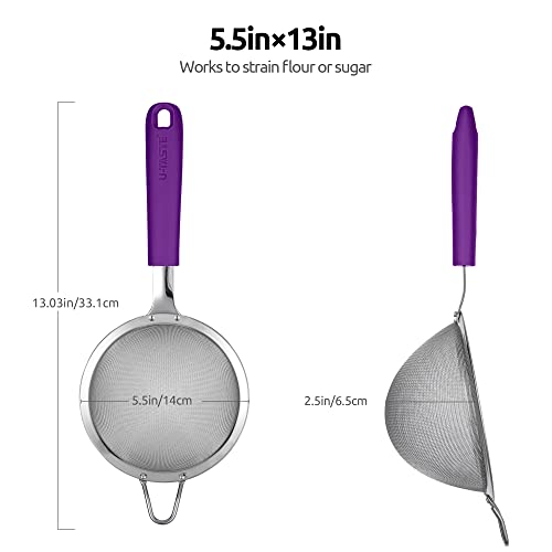 18/8 Stainless Steel Mesh Strainer: U-Taste 5.5 Inch Kitchen Fine Mesh Sieve Food Colander with Riveted Sturdy Silicone Handle and 30 Mesh Hole for Straining Flour, Pasta, Fruit, Quinoa (Purple) - color: (5) Purple, size: Medium (5.5 x 13 in)