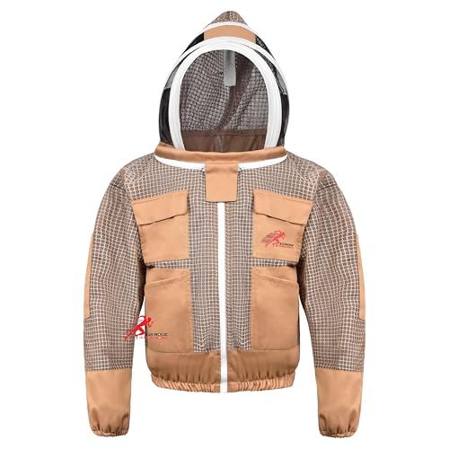 3 Layer Bee Jacket with Fencing Veil and One Pair of Gloves Beekeeping Jacket for Beginer and Professional Fully Protective Jacket Sting Proof Bee Jacket Ventilated Beekeeper Jacket (Khaki, X-Large) - color: Khaki, size: X-Large