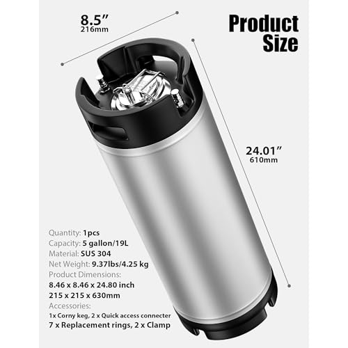 Stainless Steel Ball Lock Keg, 5 Gallon, Homebrew Beer Cornelius Keg, Silver and Black | Staianless Steel