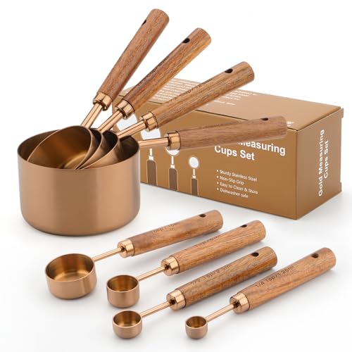 SHIKORI Gold Measuring Cups and Spoons Set with Wood Handles, Premium Stainless Steel Measuring Spoons and Measuring Cups Set, For Cooking and Baking in the Kitchen (Bronze) - color: Bronze